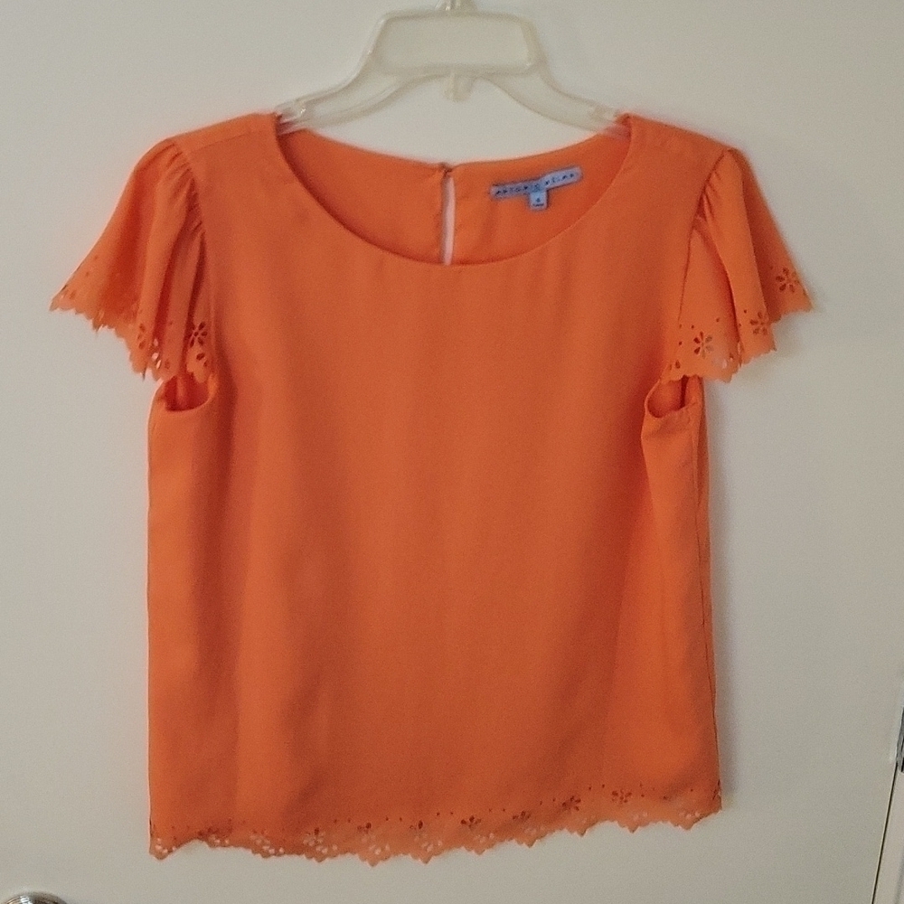 π
ΊANTONIO MELANI Peach Floral Cutout Cap Sleeve Babydoll Blouse Small - Picture 3 of 9